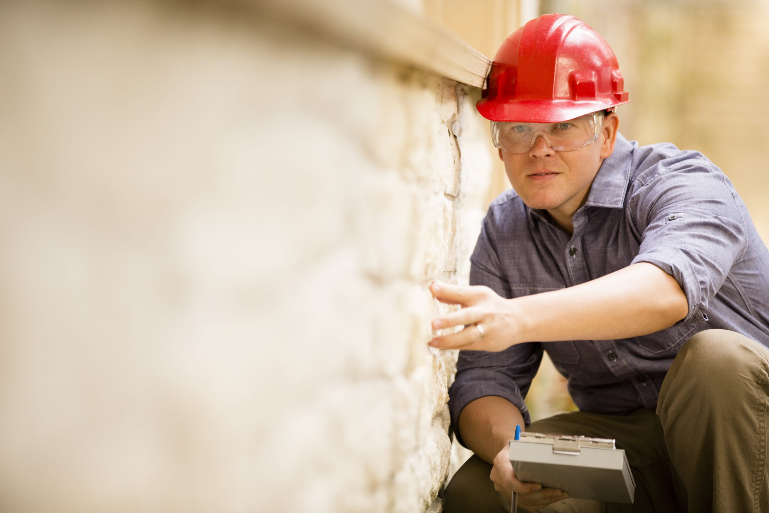 Inspector or blue collar worker examines building wall outdoors